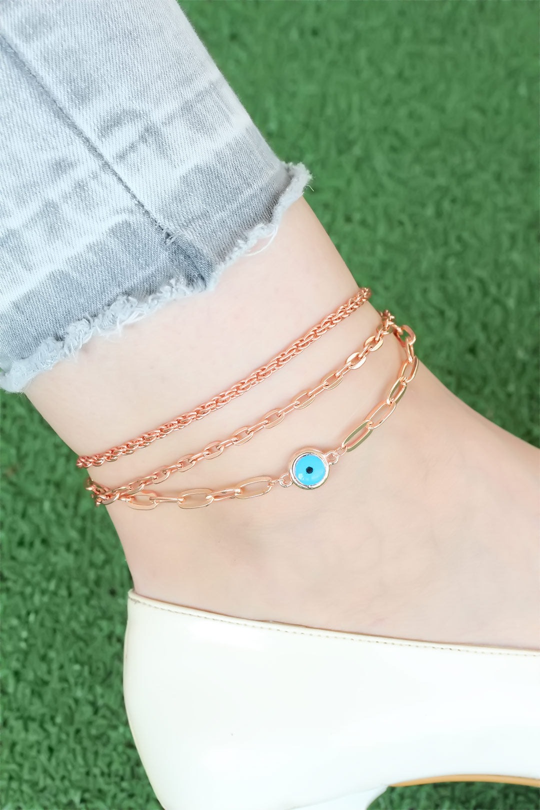 Fashion Jewelry Rose Gold-Tone Evil Eye Motif Pearl-Style Accent Women's Anklet