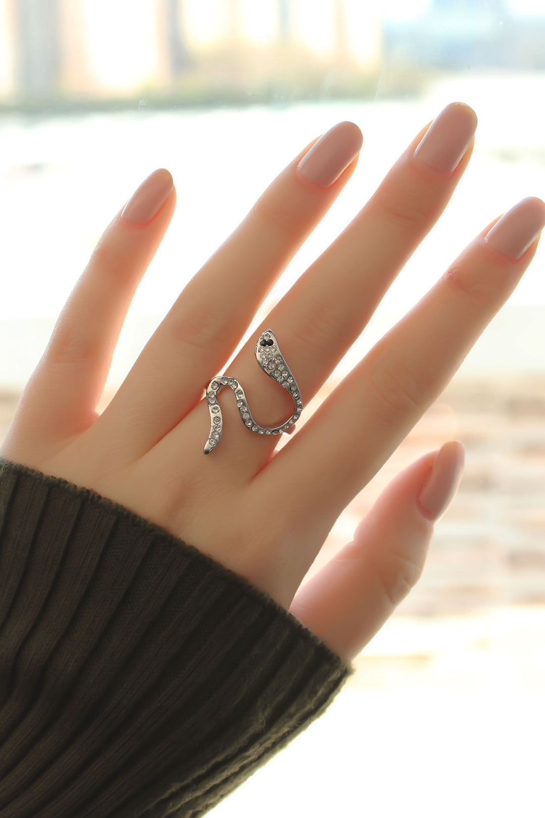 Silver Color Snake Ring with Zircon Stone
