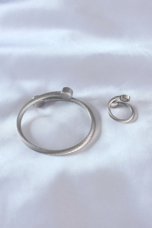 Steel Silver Color Tight Twist Model Men's Bracelet Ring Set