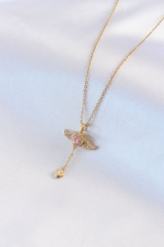 316L Steel Gold Color Winged Heart Model Zircon Stone Detail Women's Necklace