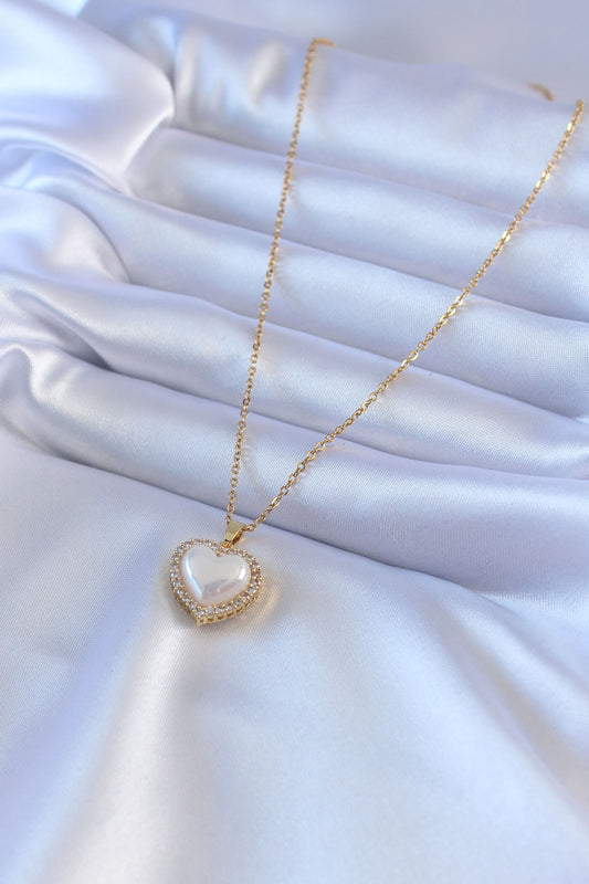 316L Steel Gold Color Pearl Heart Model Zircon Stone Women's Necklace