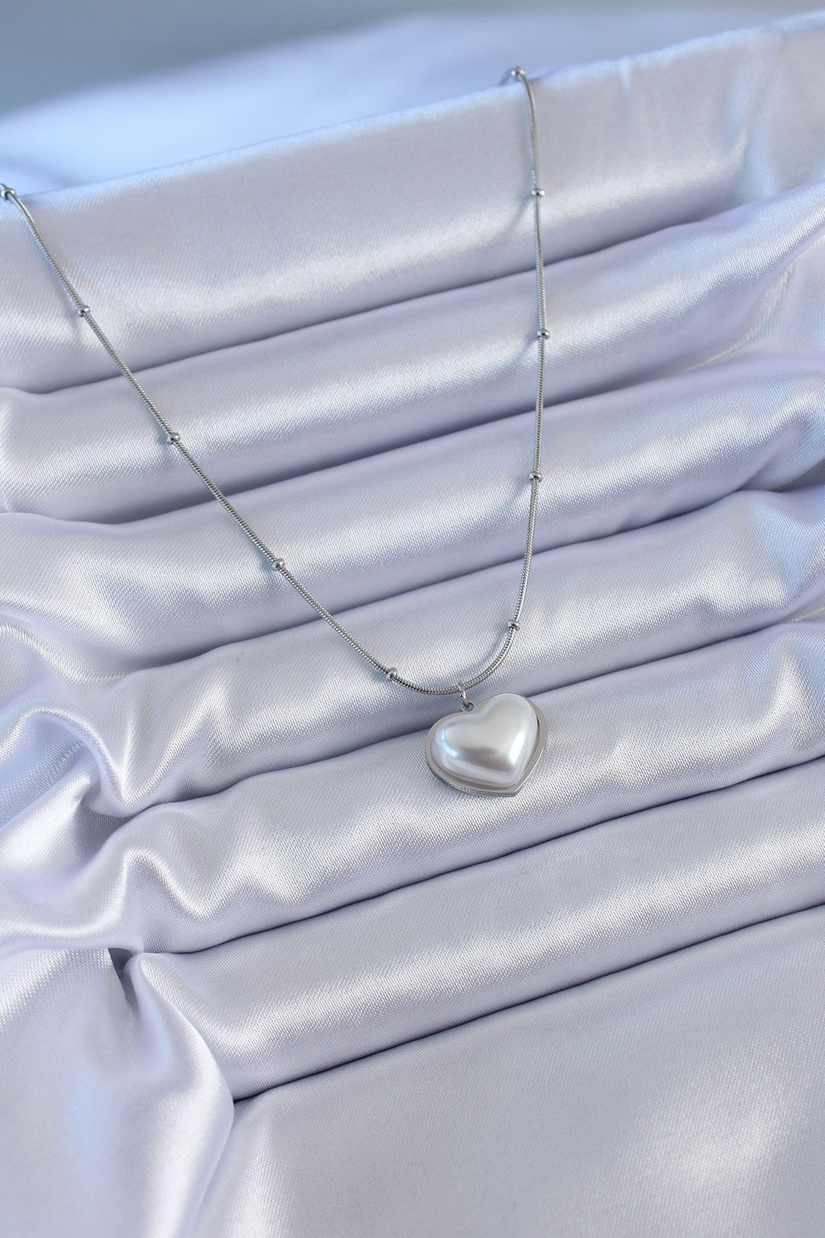316L Steel Silver Color Pearl Heart Model Minimal Ball Detail Women's Necklace