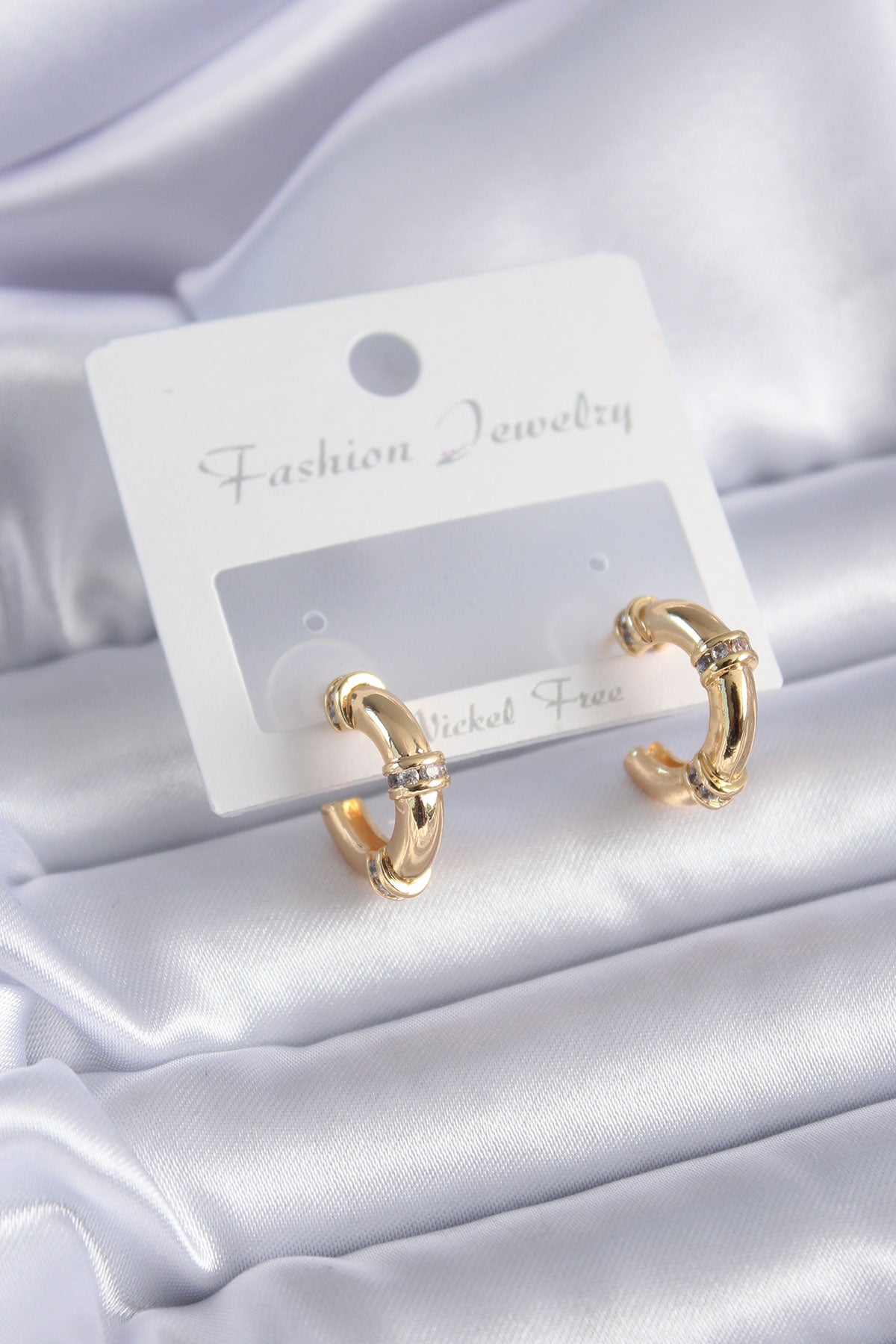 Gold Color Zircon Stone Detail Hoop Model Brass Women's Earrings