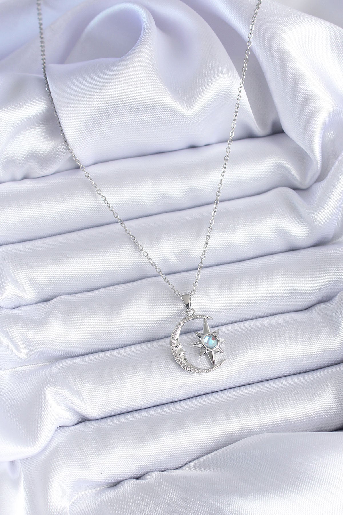 316L Steel Silver Color Zircon Stone Crescent Star Model Women's Necklace