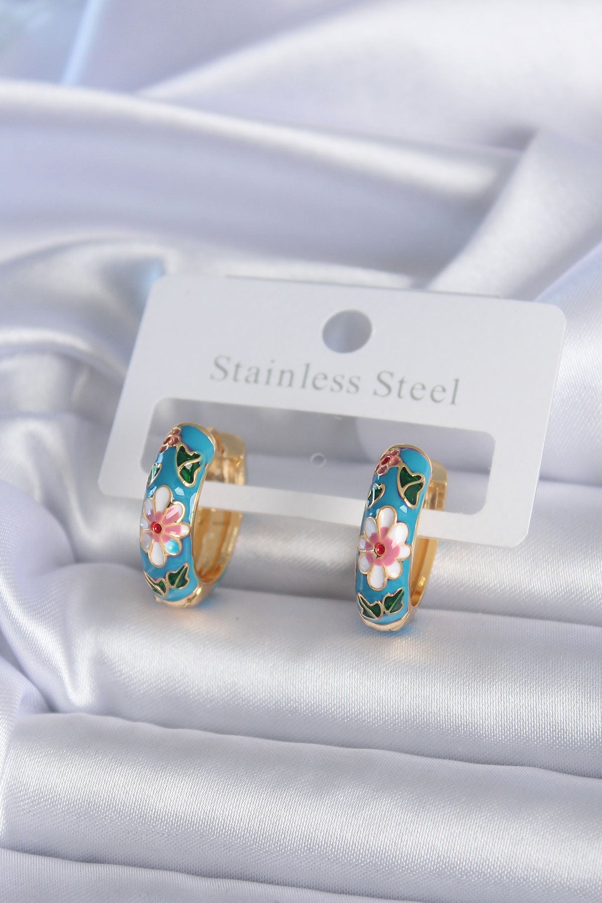 Brass Gold Color Blue Flower Embroidery Detail Women's Earrings