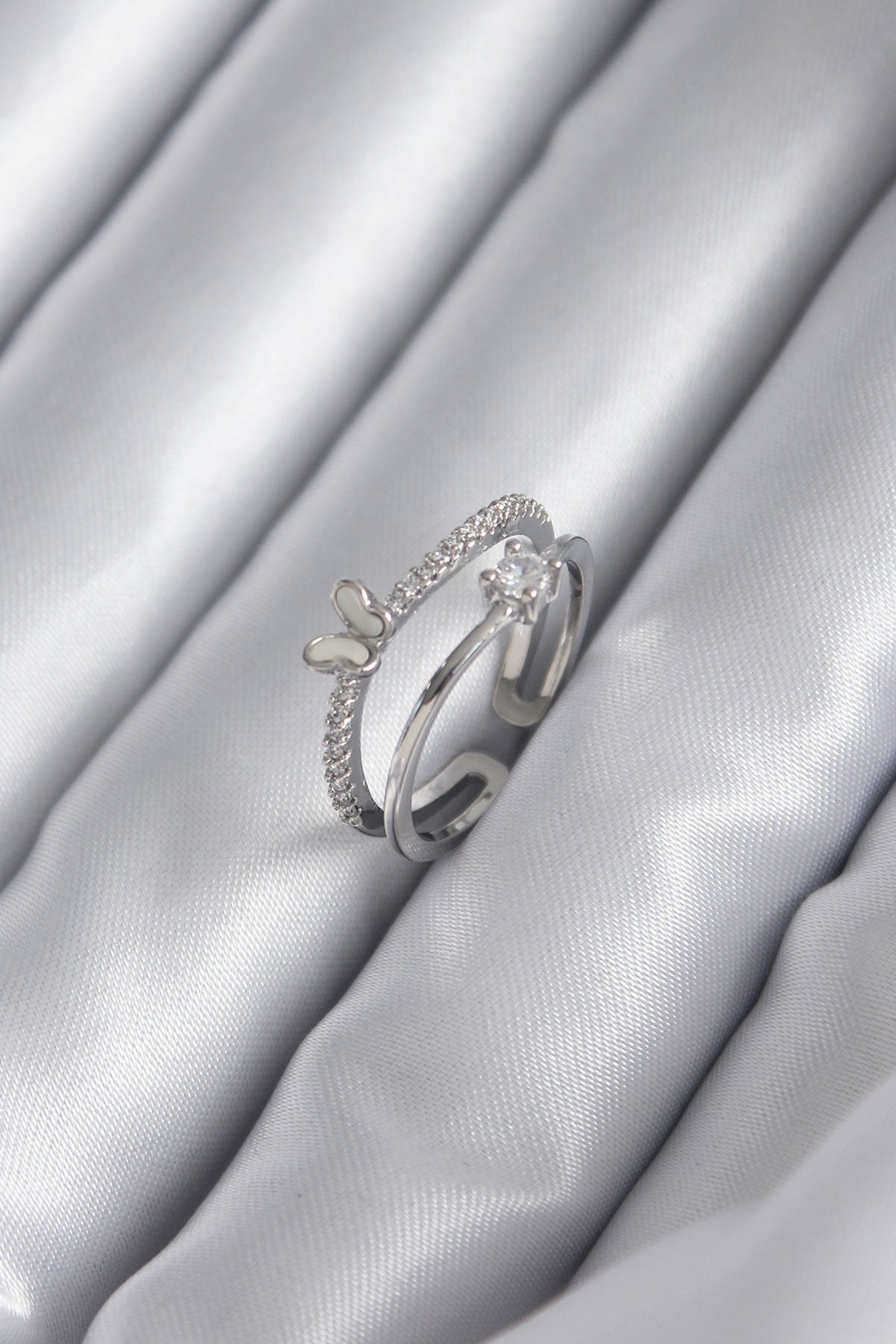 Brass Silver Color Zircon Stone Butterfly Model Women's Ring