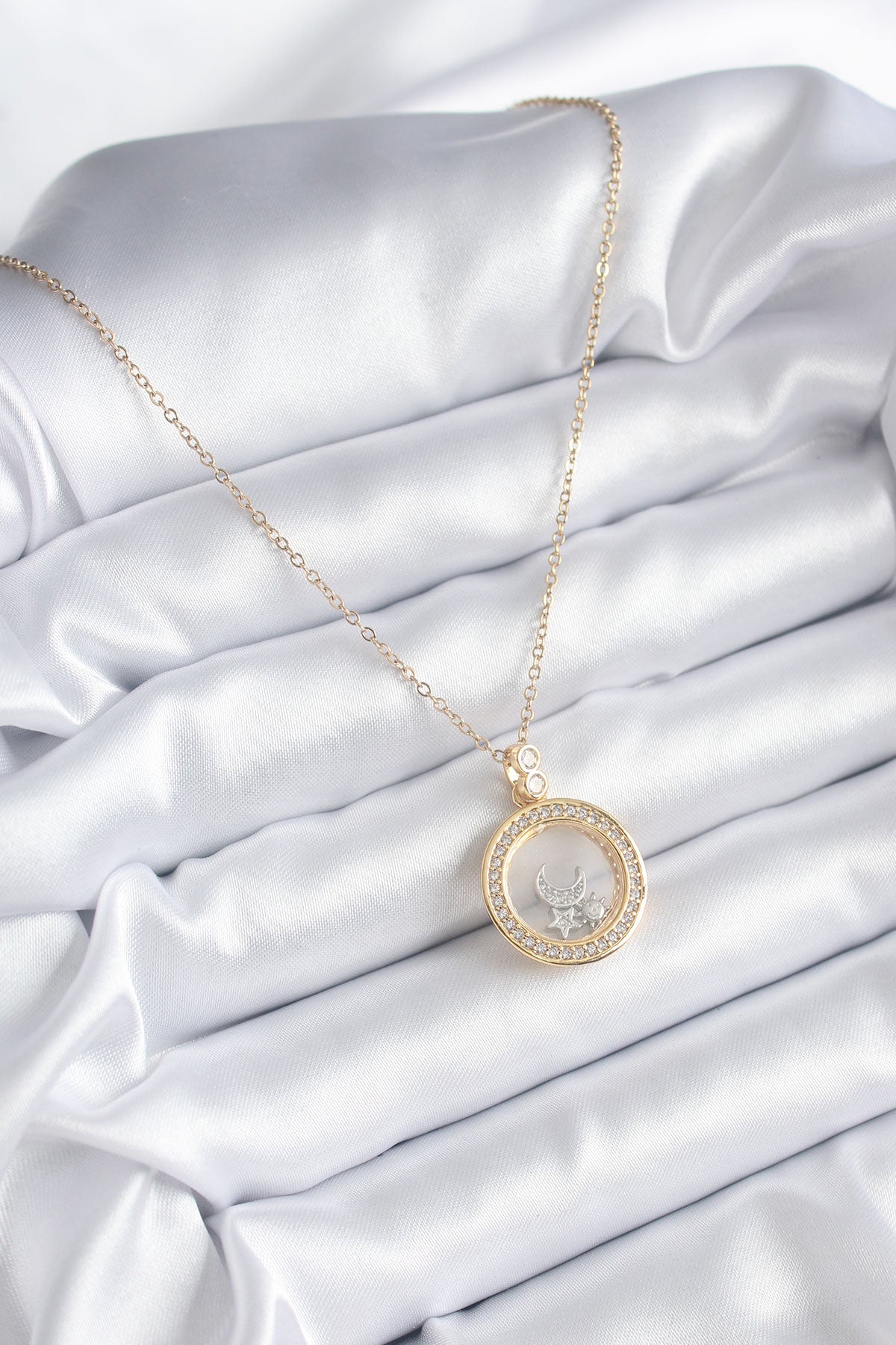 316L Steel Gold Color Zircon Stone Detailed Crescent Star Bell Model Women's Necklace