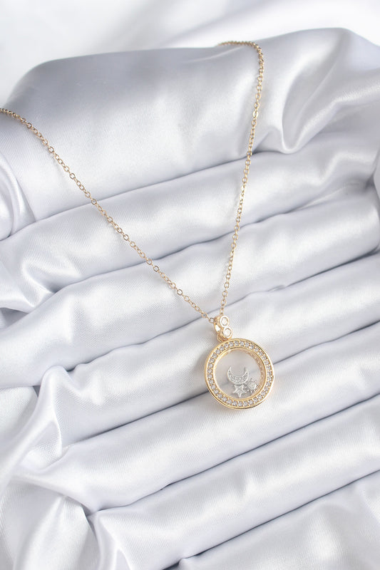316L Steel Gold Color Zircon Stone Detailed Crescent Star Bell Model Women's Necklace