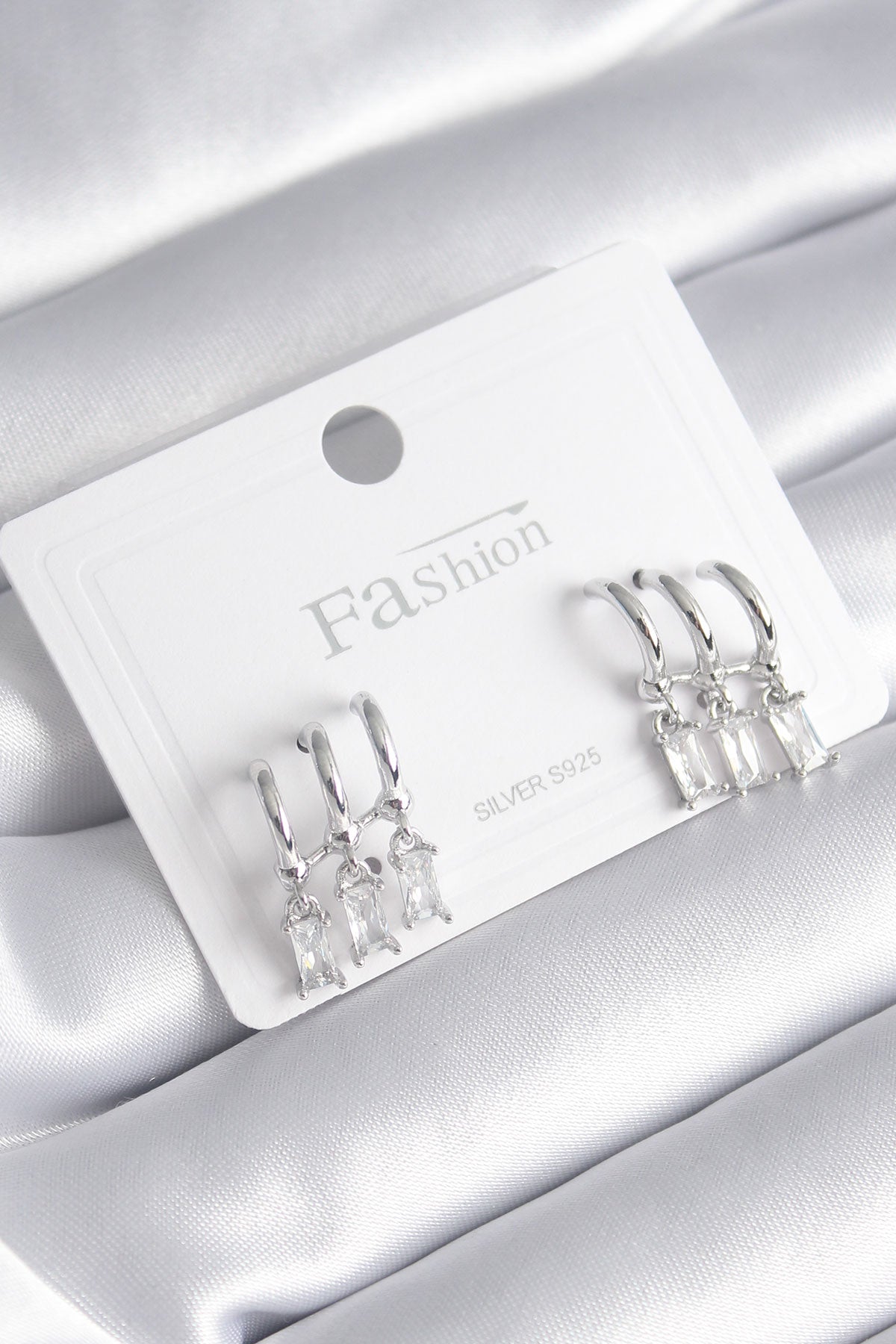 Brass Silver Color 3-Piece Dangle Zircon Stone Earrings