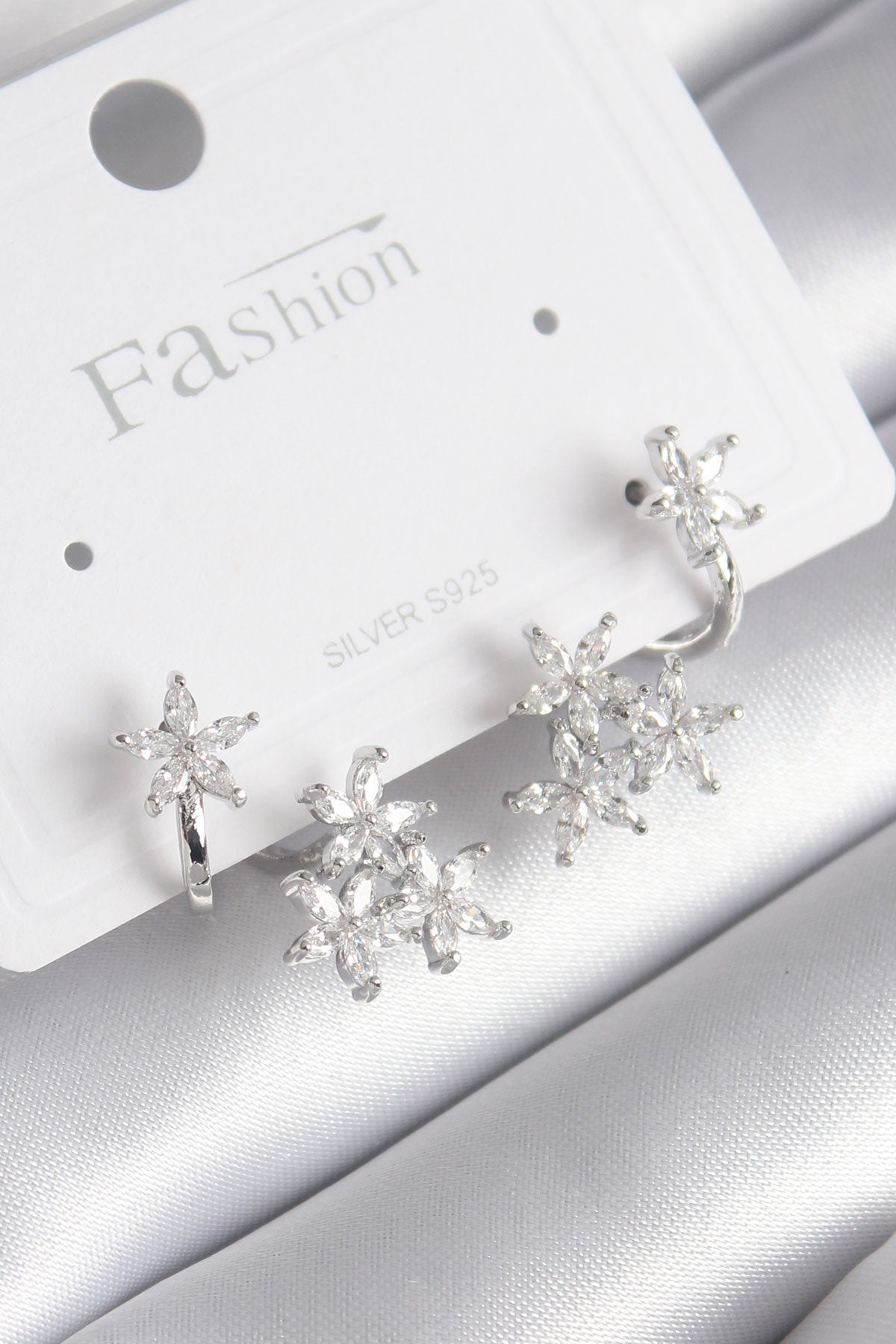 Brass Silver Color Zircon Stone Flower Design Women's Earrings