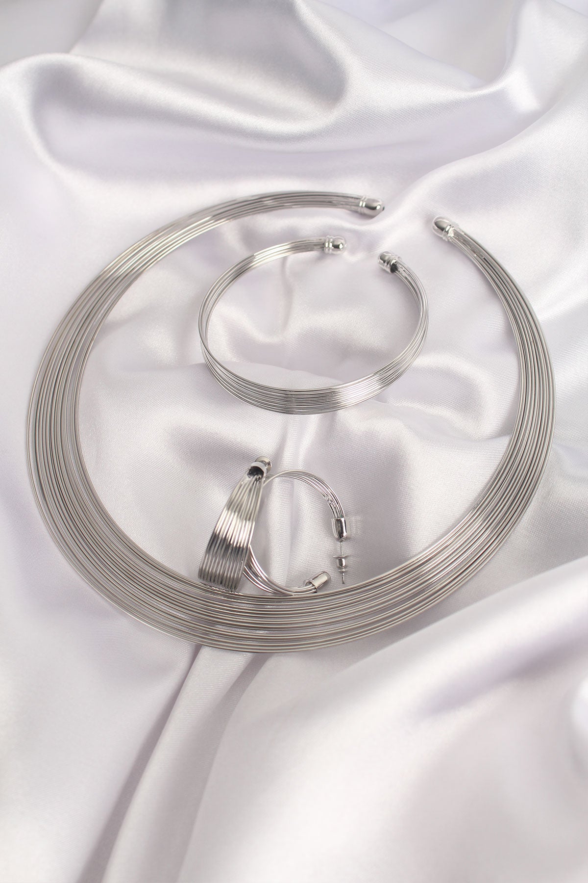 Brass Silver Color Necklace Earring Bracelet Set