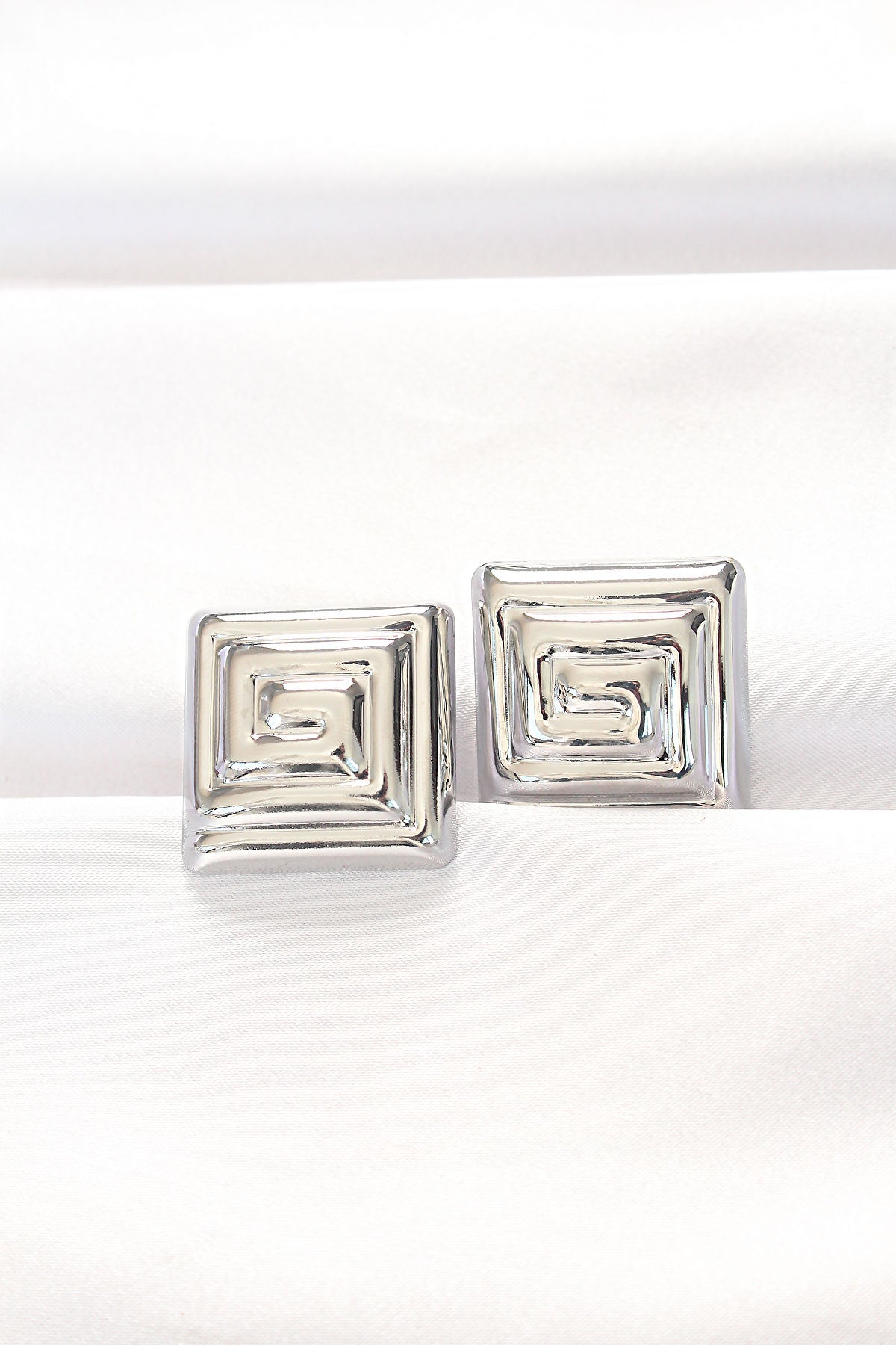 Brass Silver Color Square Form Earrings