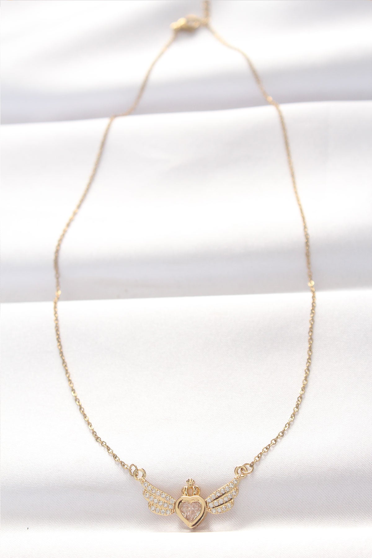 316L Steel Gold Color Zircon Stone Heart Wing Necklace