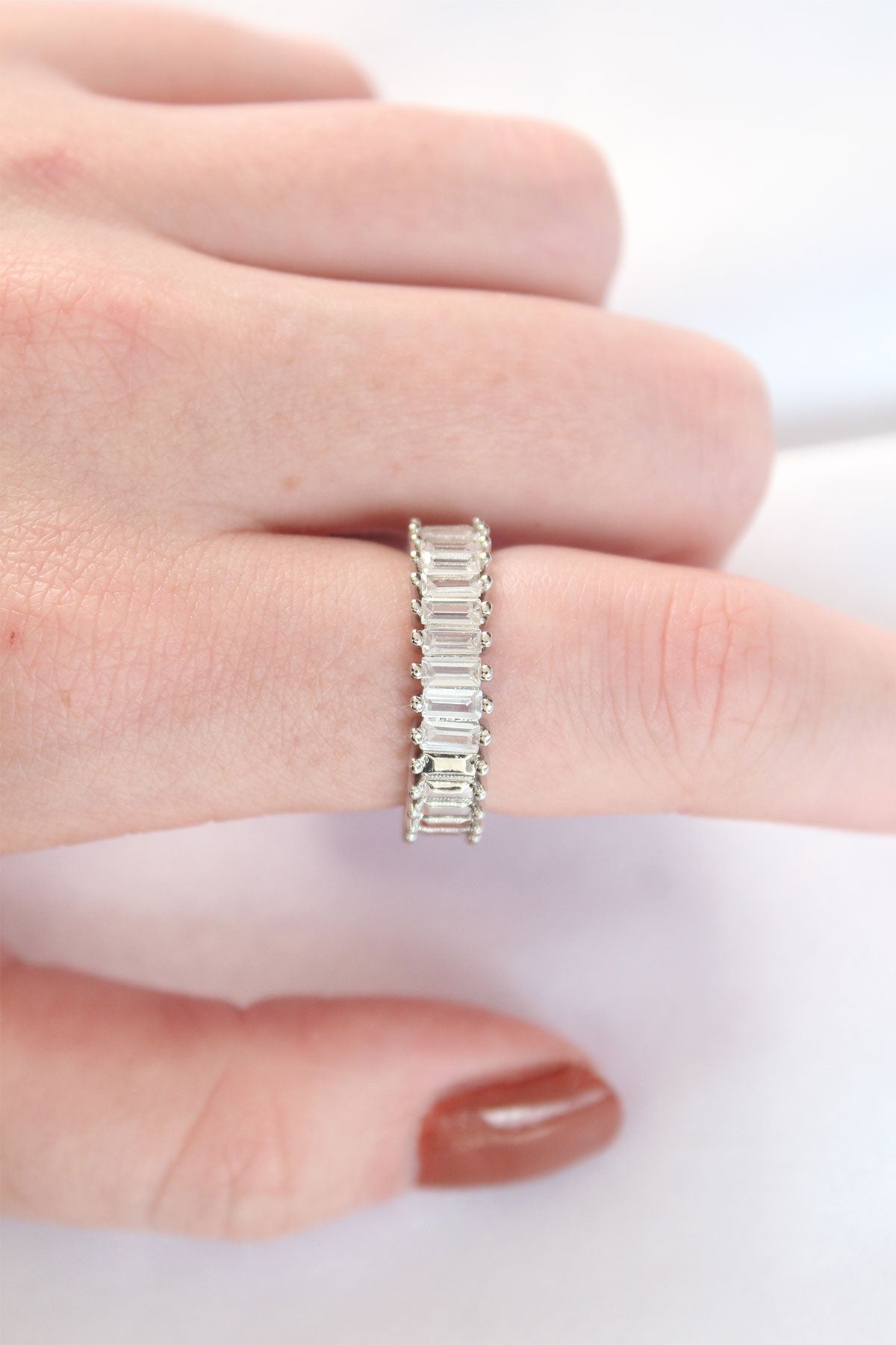 Silver Color Adjustable Ring with Rows of Baguette Stones