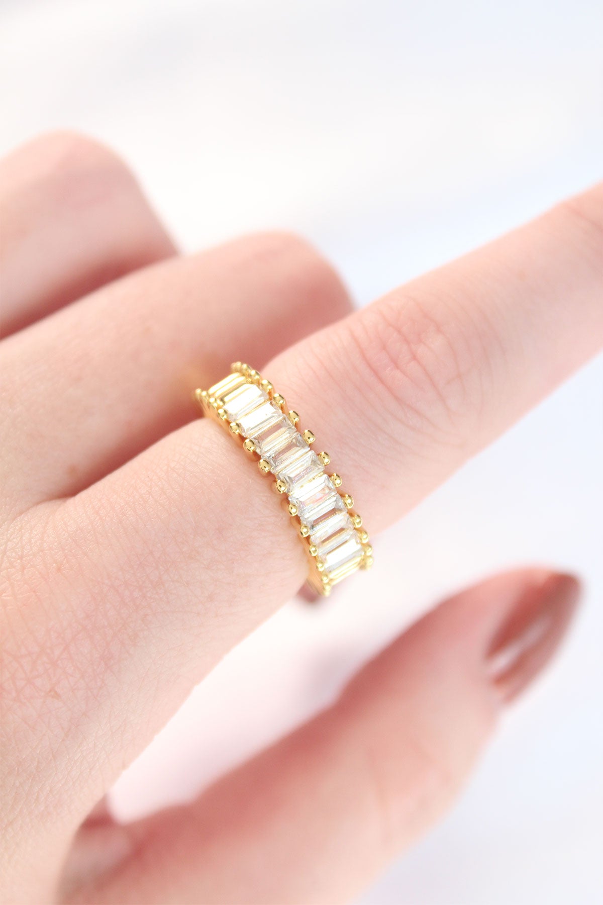 Gold Color Adjustable Ring with Rows of Baguette Stones