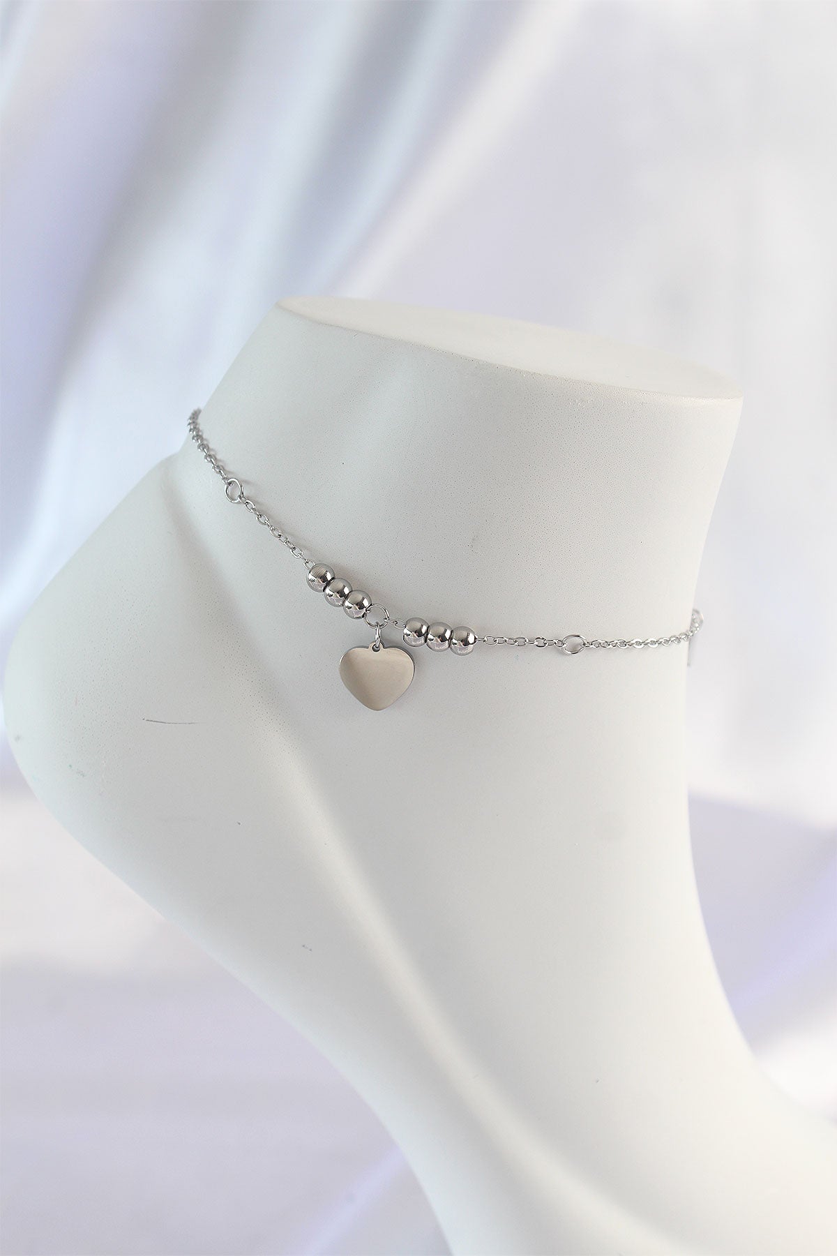 316L Stainless Steel Silver-Tone Heart Motif Zircon Detail Women's Anklet