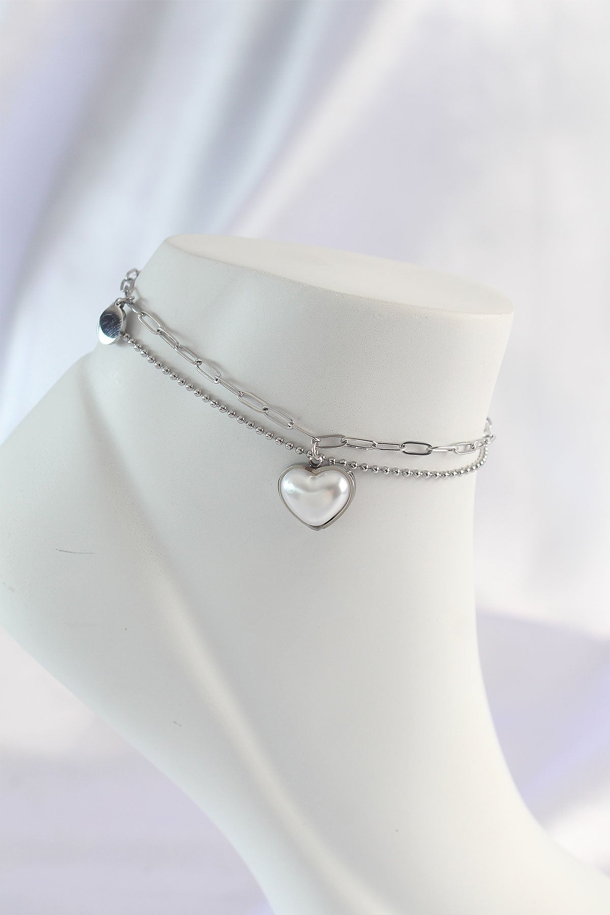 316L Stainless Steel Silver-Tone Heart Motif 2-Piece Set Women's Anklet