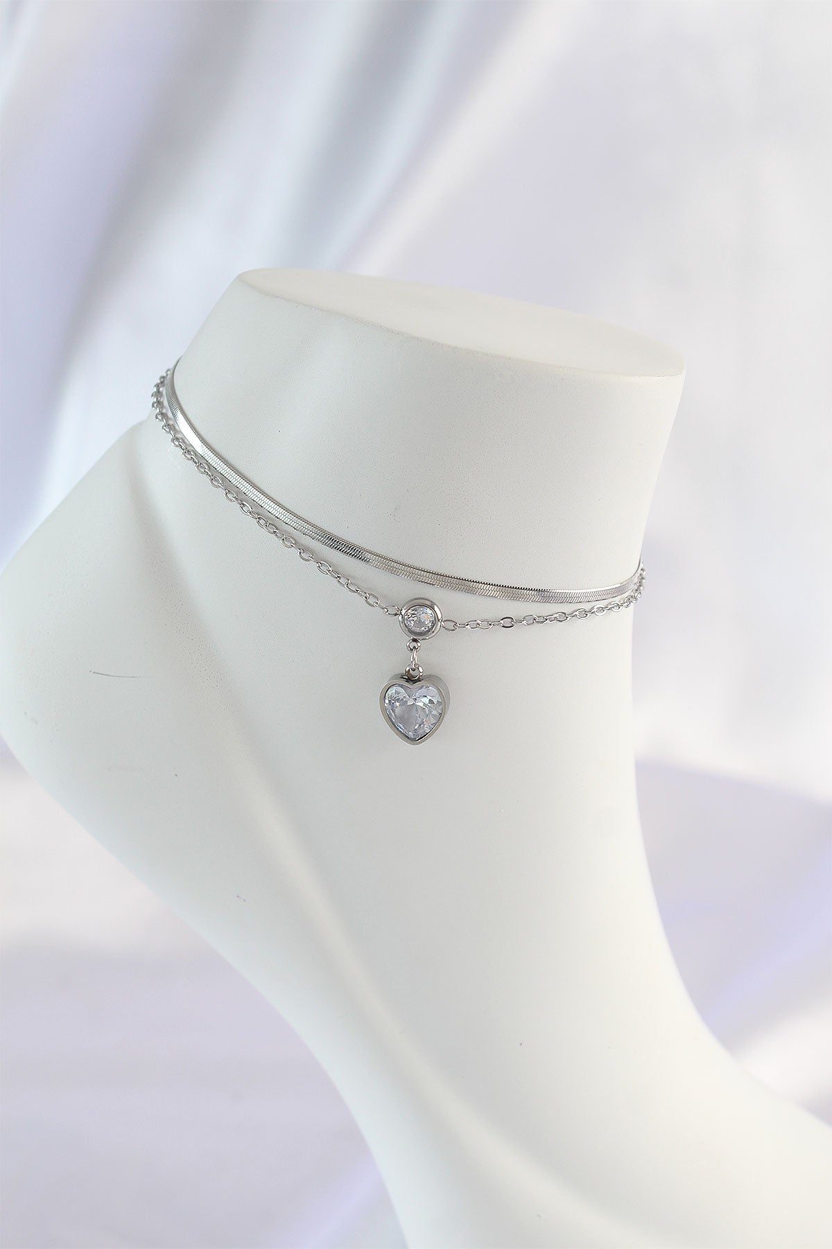 316L Steel Silver Color Zircon Stone Heart Design 2-Piece Anklet