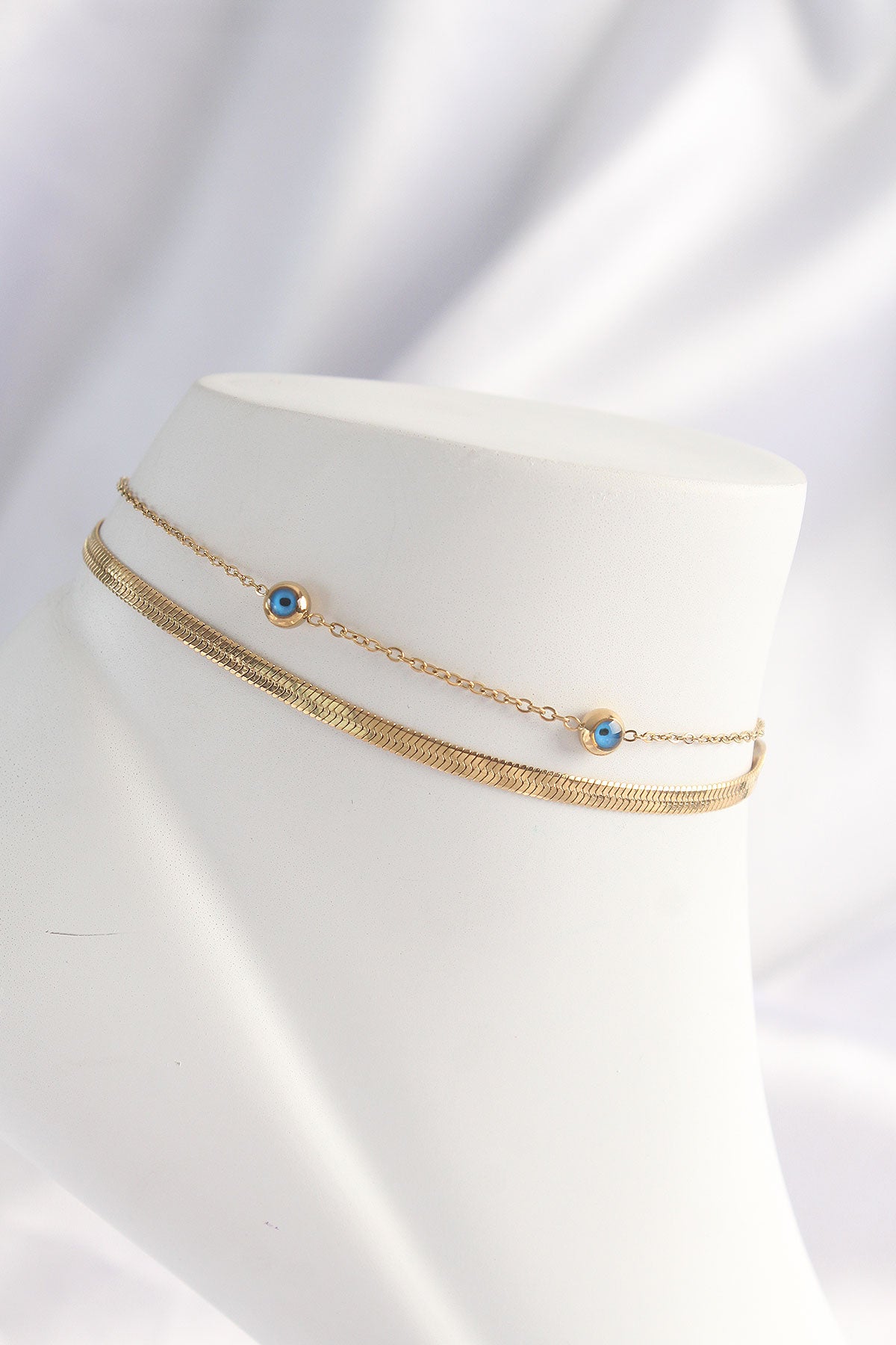 316L Stainless Steel Gold-Tone Evil Eye Bead Evil Eye Motif 2-Piece Set Women's Anklet