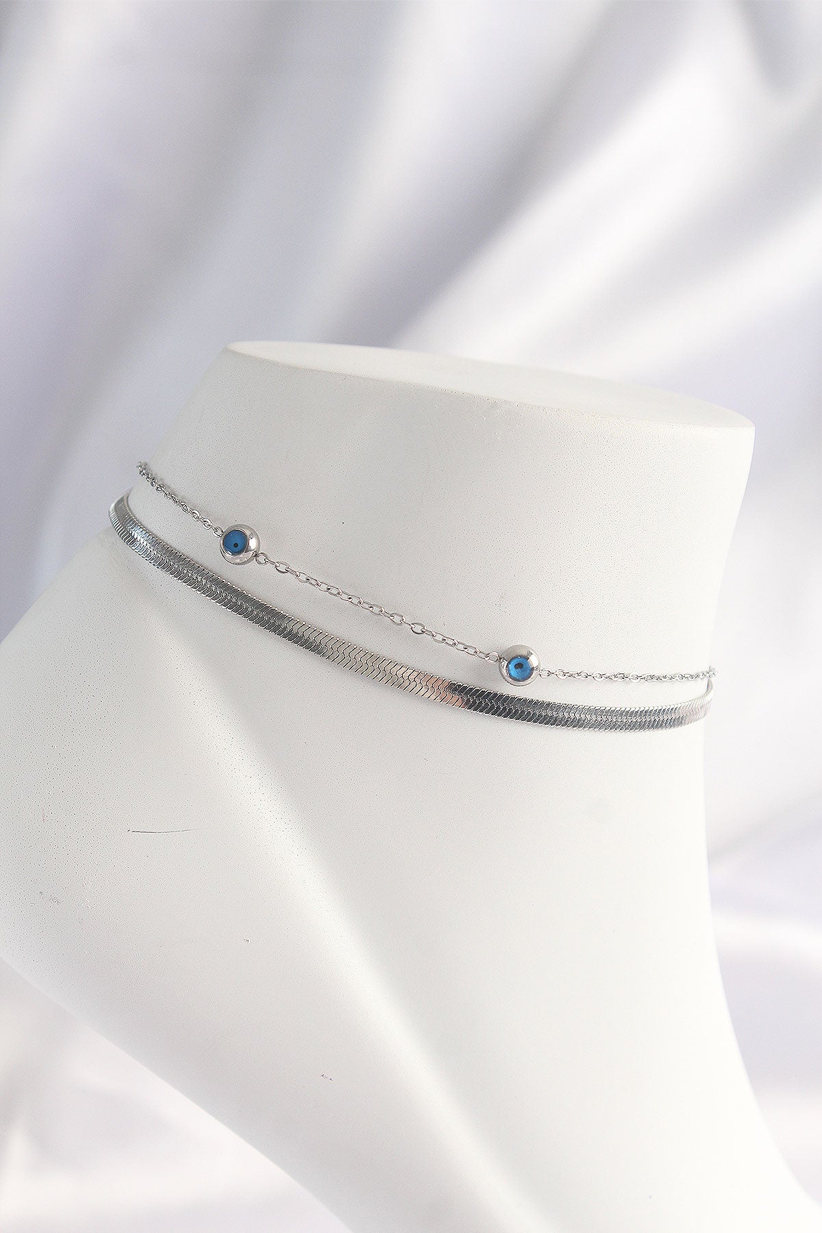 316L Stainless Steel Silver-Tone Evil Eye Bead Evil Eye Motif 2-Piece Set Women's Anklet