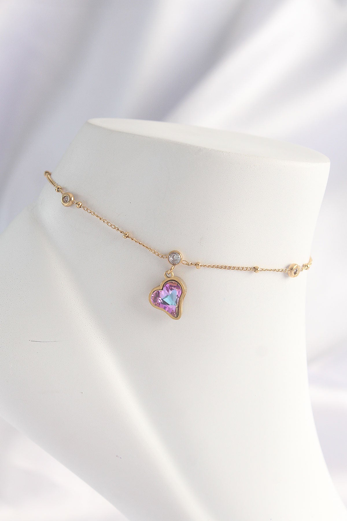 316L Stainless Steel Gold-Tone Heart Motif Zircon Detail Women's Anklet