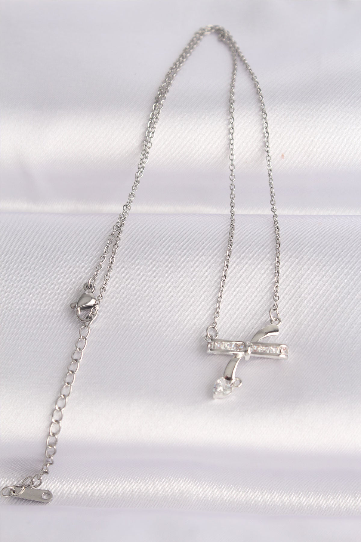 316L Steel Chain Silver Color Zircon Stone Heart Detail Bow Necklace
