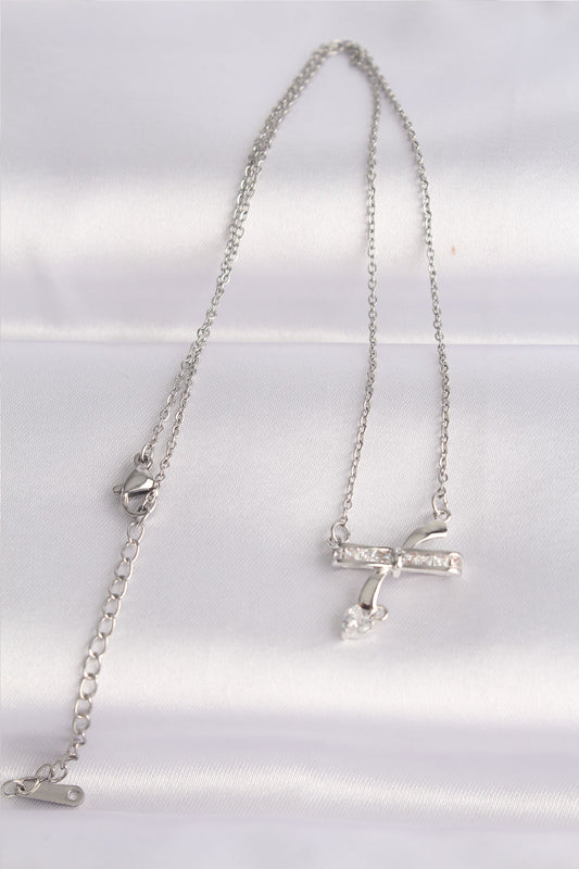 316L Steel Chain Silver Color Zircon Stone Heart Detail Bow Necklace