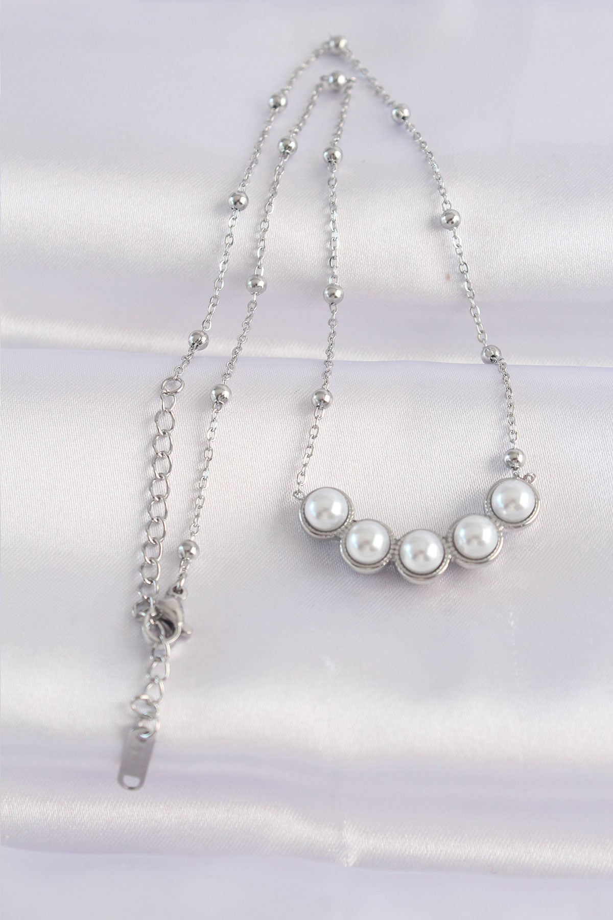 316L Steel Chain Silver Color Sequential Pearl Stone Necklace