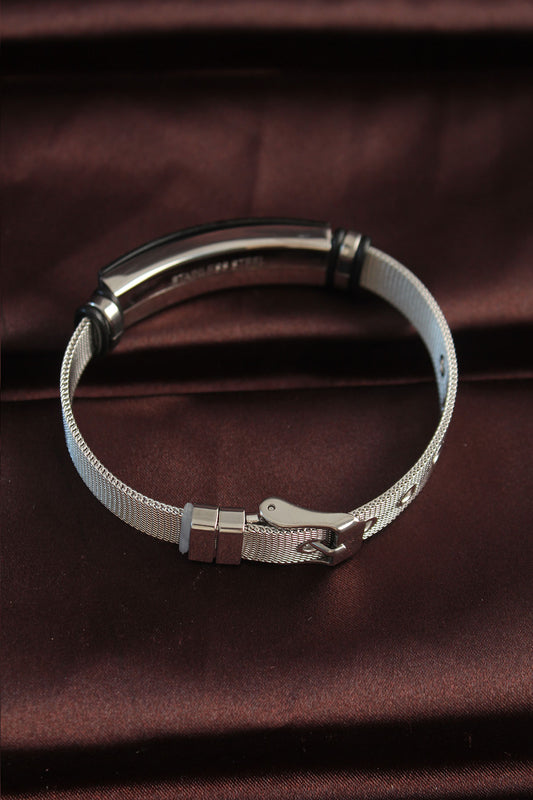 316L Steel Black Patterned Oval Figure Adjustable Mesh Cord Bracelet
