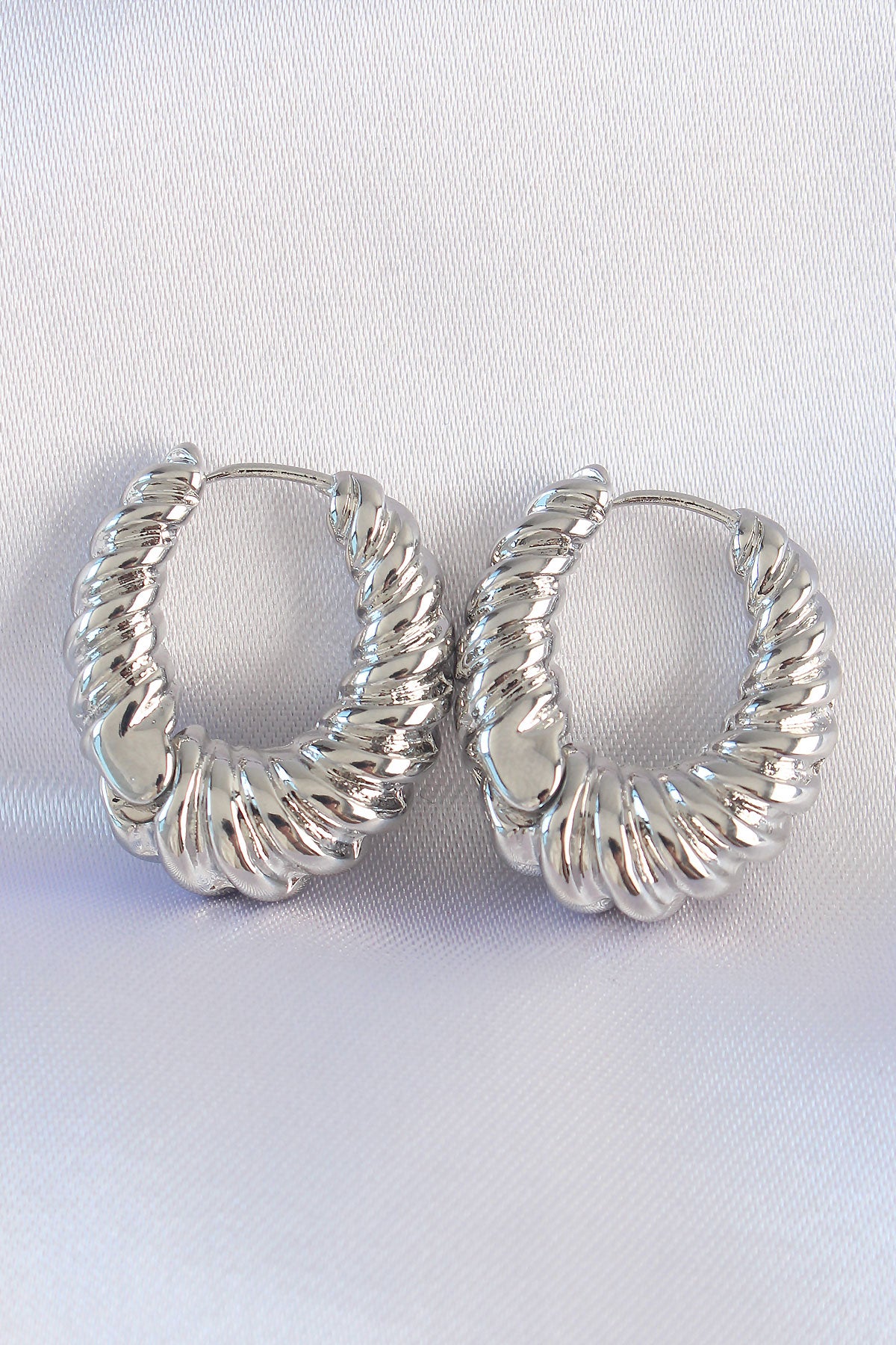 Brass Silver Color Serration Detail Domed Hoop Earrings