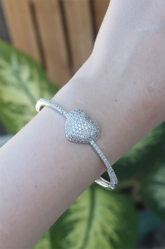 VIP Series Brass Zircon Stone Silver Color Heart Model Bangle
