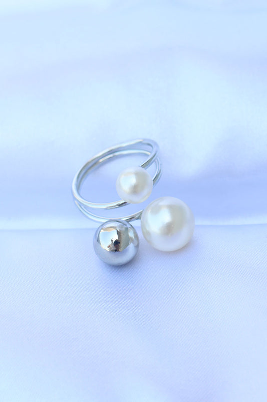 Brass Silver Color Adjustable Pearl Stone Ring