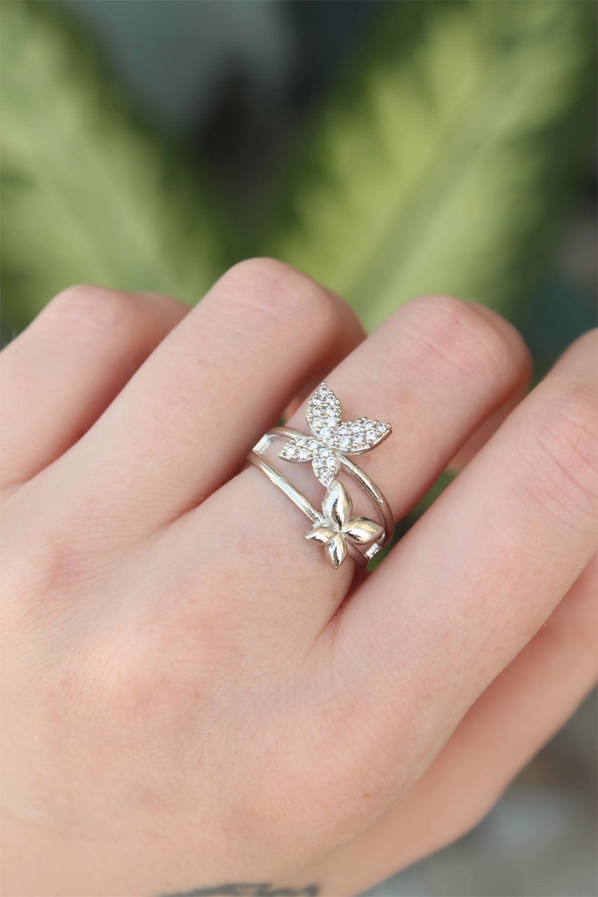 Brass Silver Color Adjustable Zircon Stone Butterfly Ring