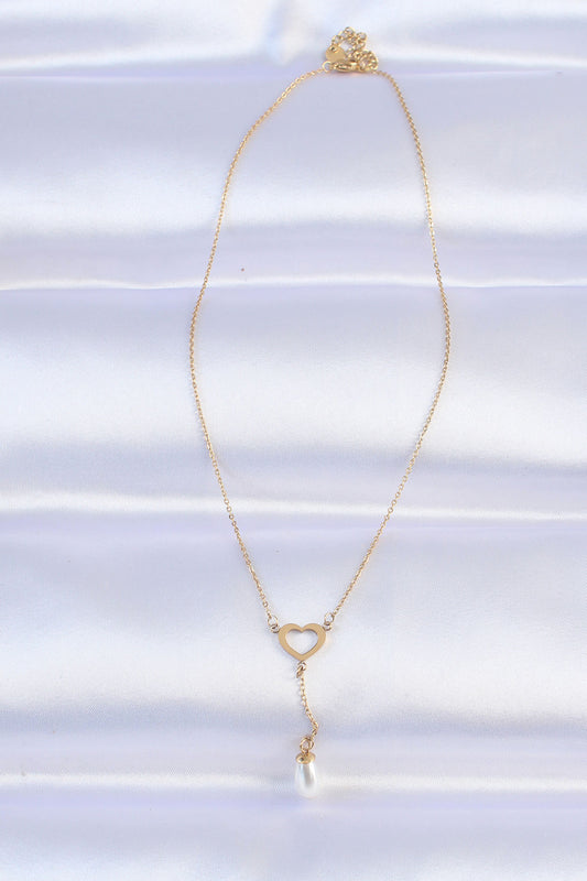 316L Steel Chain Gold Color Pearl Stone Detail Heart Necklace