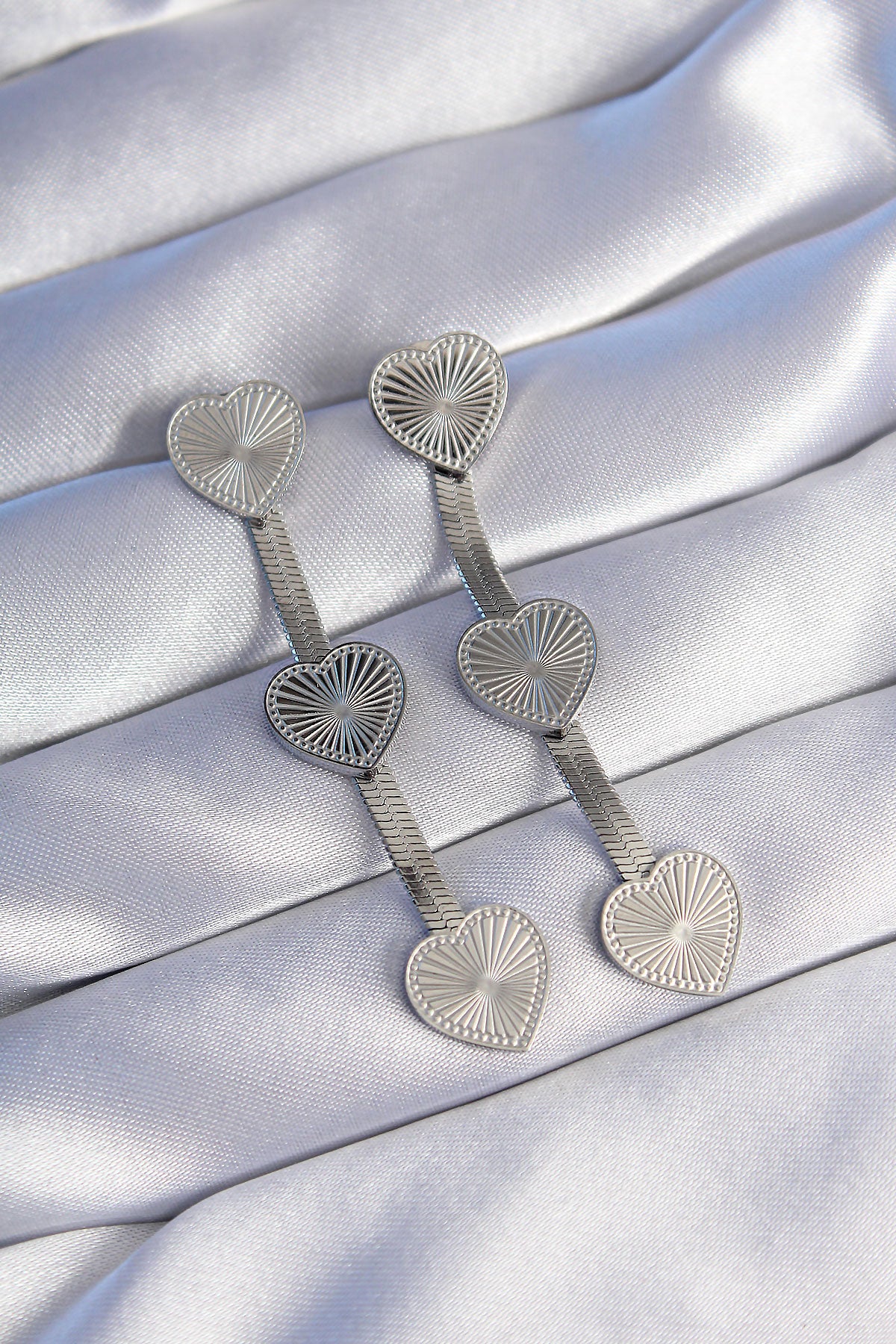 316L Steel Silver Color Long Italian Chain Detailed Heart Earrings