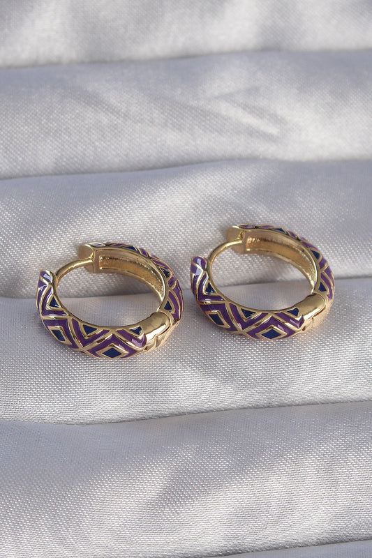 Brass Gold Color Purple Ethnic Patterned Hoop Earrings