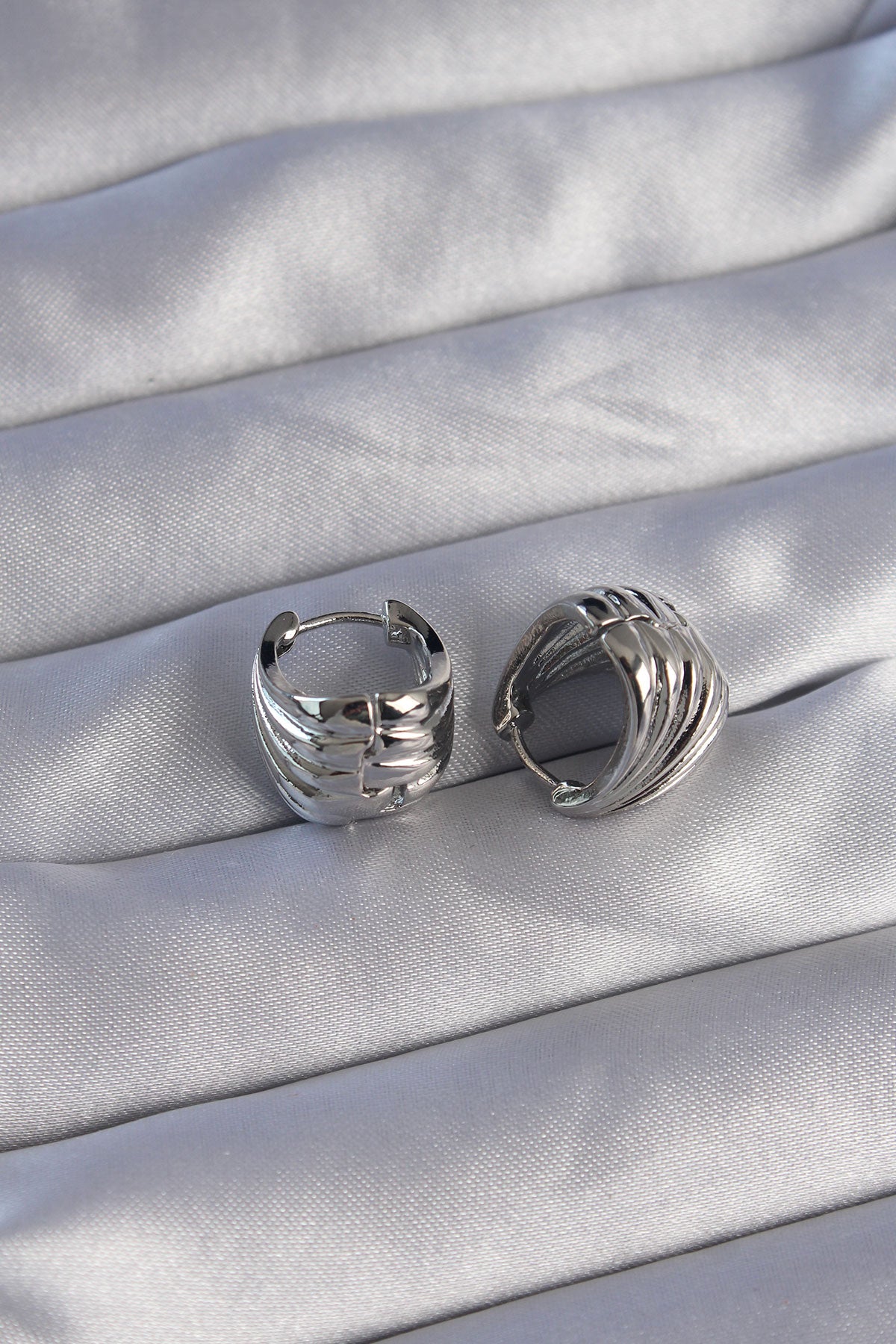 Brass Silver Color Serrated Minimal Domed Design Earrings