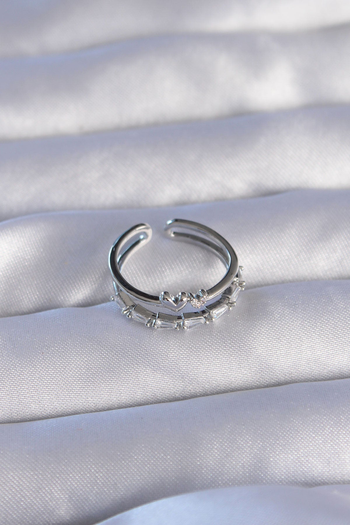 Brass Silver Color Zircon Stone Heart 2-Piece Adjustable Ring