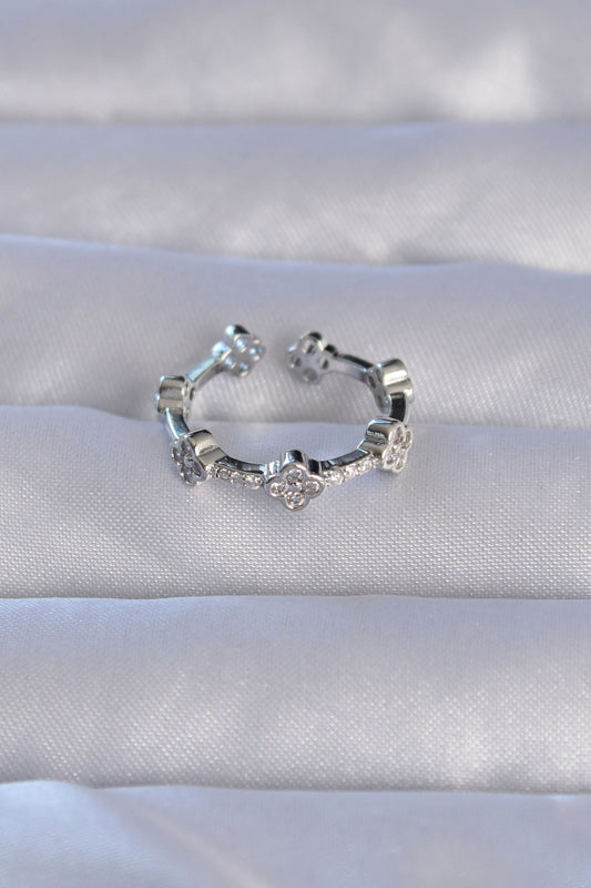 Brass Silver Color Zircon Stone Clover Model Adjustable Ring