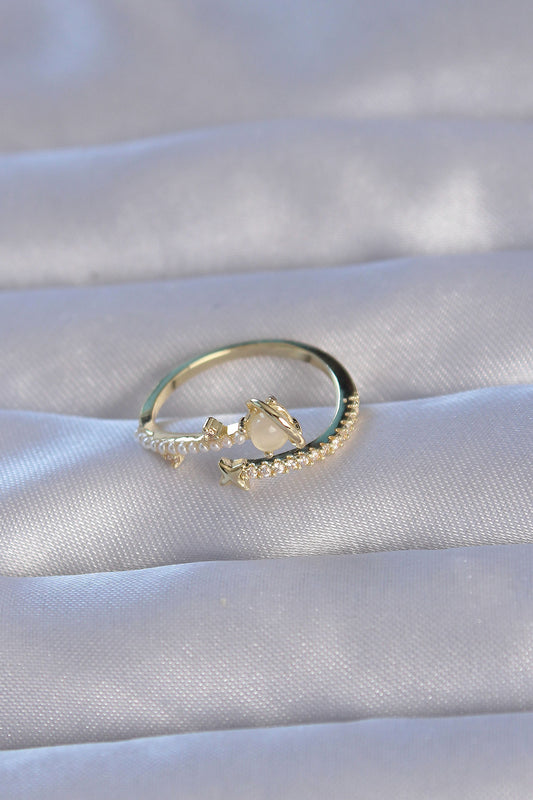 Brass Gold Color Zircon Stone Pearl Saturn Model Adjustable Ring