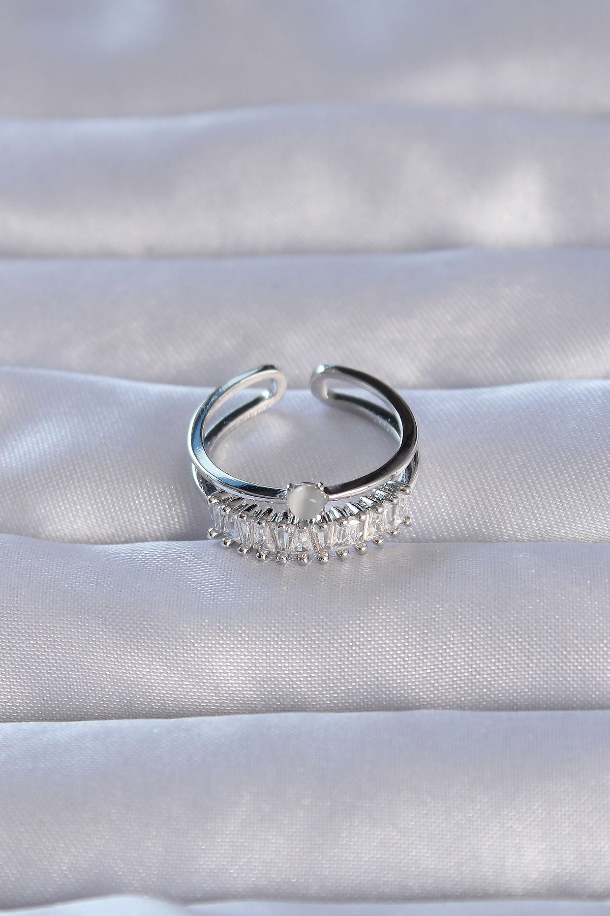 Brass Silver Color Zircon Stone Baguette Waterway Model Adjustable Ring