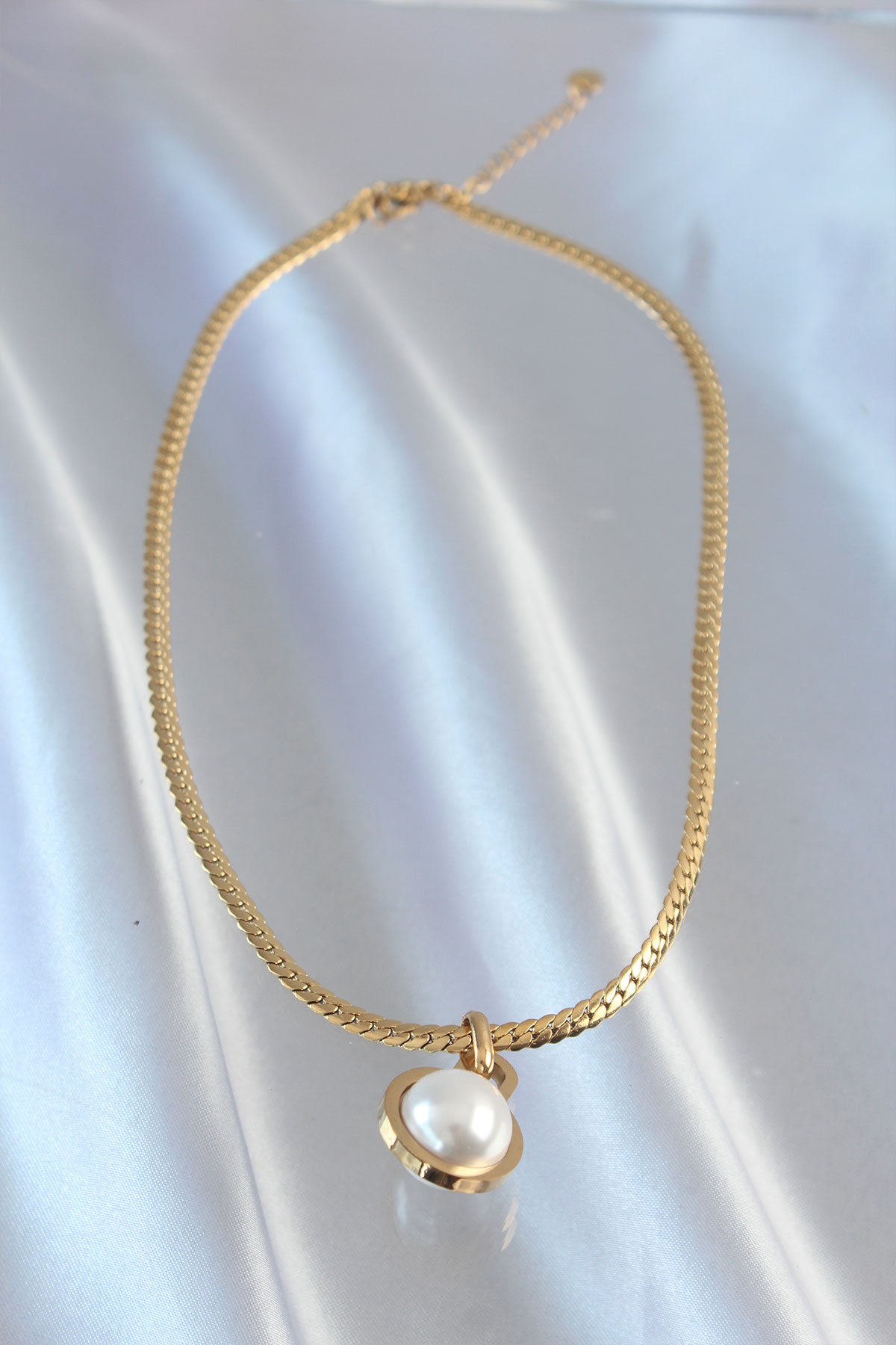 316L Steel Gold Color Flat Chain Pearl Stone Necklace