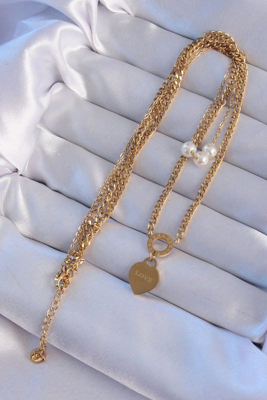 316L Steel Gold Color Double Chain Pearl Detail Love Heart Necklace