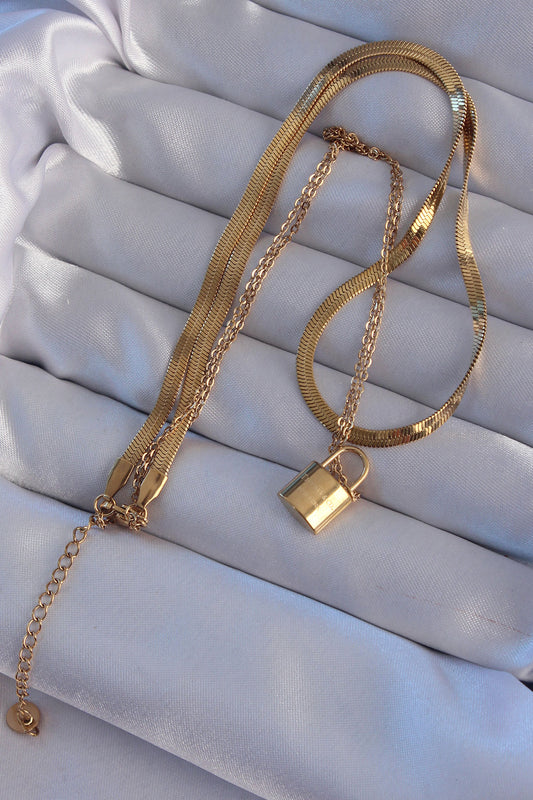 316L Steel Gold Color Double Chain Lock Model Necklace
