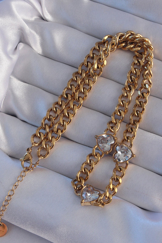 316L Steel Gold Color Zircon Stone Heart Model Chain Necklace