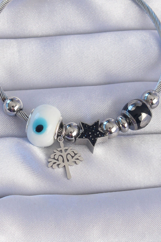 316L Steel Silver Color Black Zircon Stone Star Design Tree Detail Evil Eye Charm Bracelet