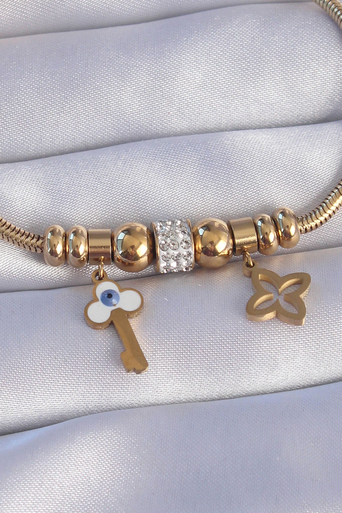 316L Steel Gold Color Zircon Stone Clover Detail Evil Eye Key Design Bracelet