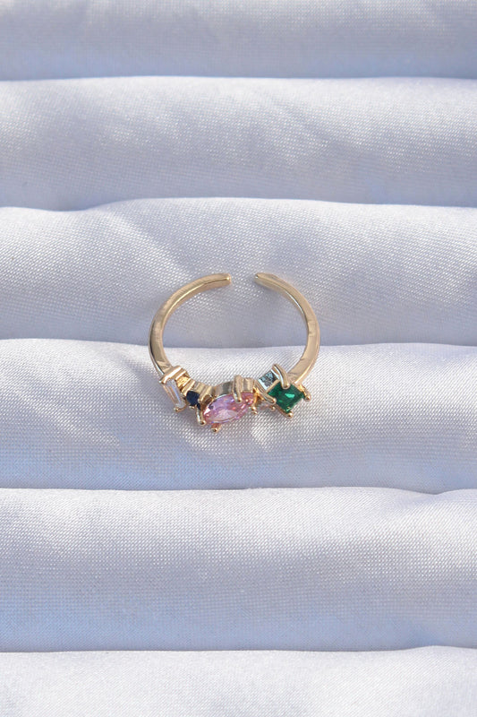 Brass Gold Color Colorful Zircon Stone Adjustable Ring