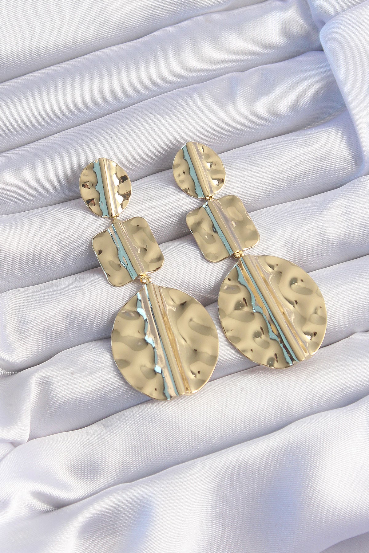 Brass Gold Color Geometric Crushed Plate Earrings