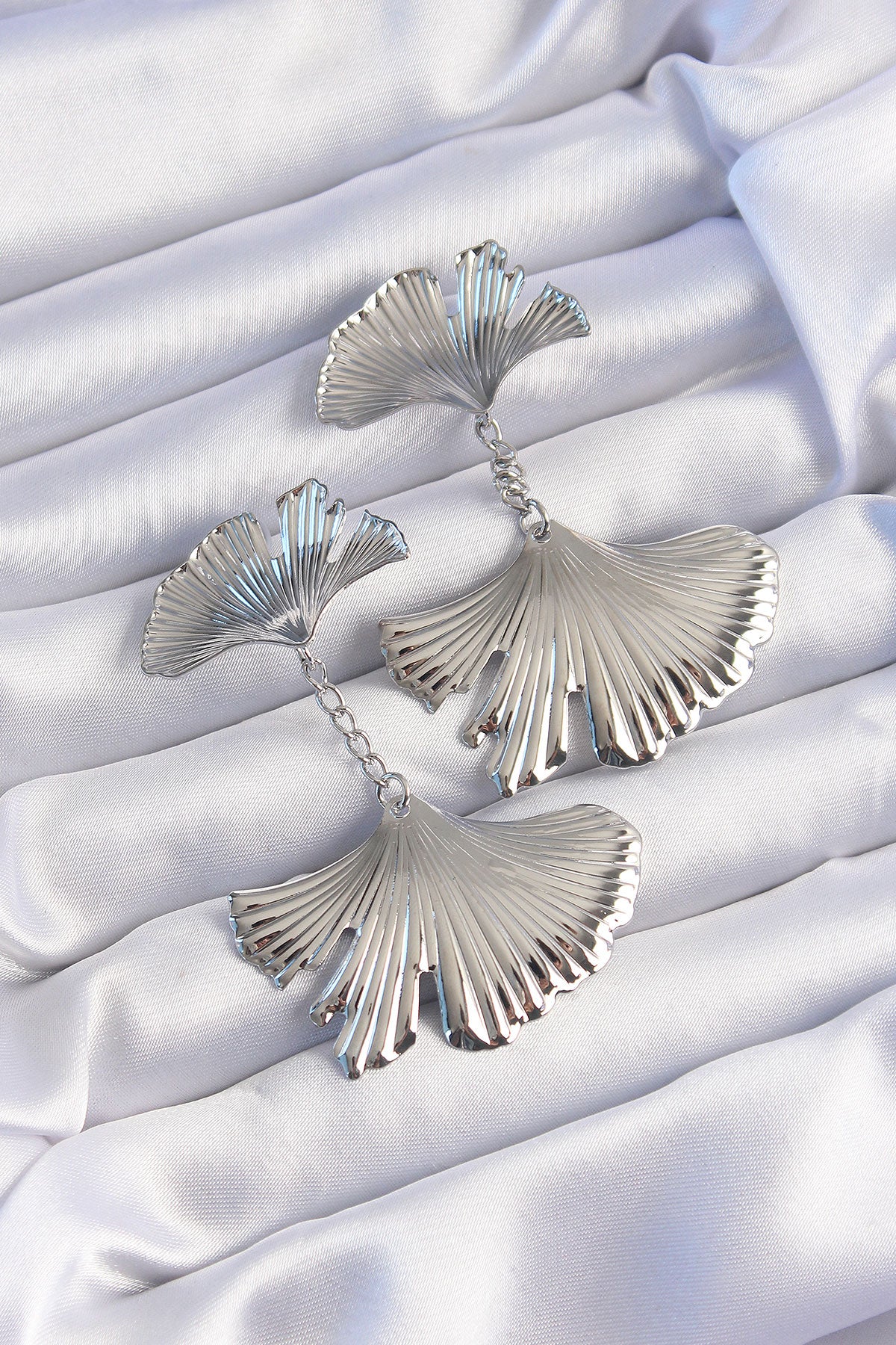 Brass Silver Color Serrated Leaf Model Dangle Earrings